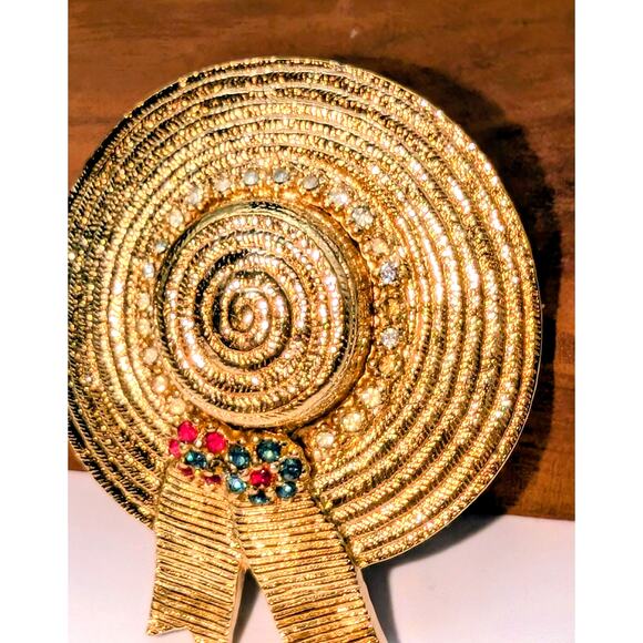 Ciner Signed VTG Gold Tone Multi-Color Clear Rhinestone Straw Hat Pin Brooch - Picture 4 of 7